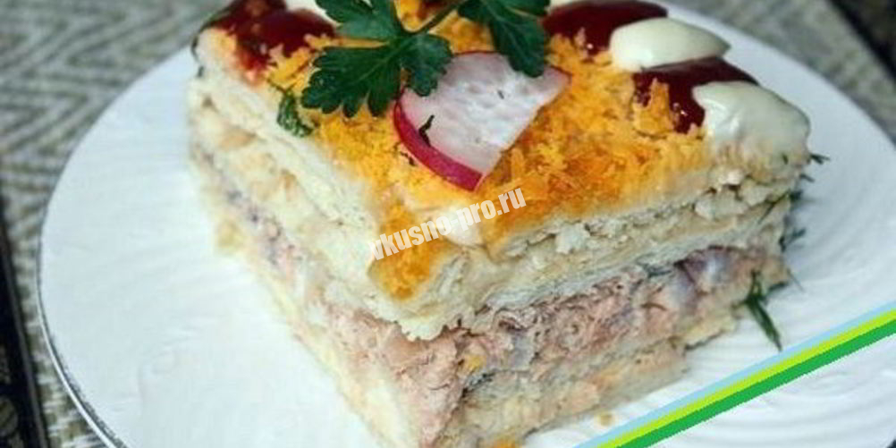 Закусочный бутербродный торт с рыбой Гурман-рецепт вкусно как дома